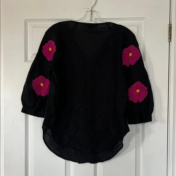 Elegant Black Blouse with Vibrant Pink Floral Design - Picture 6 of 8